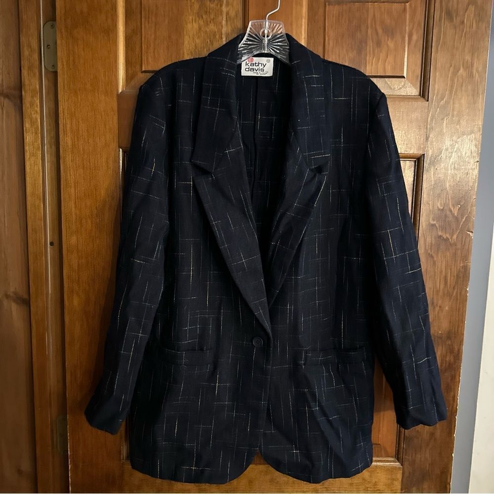 Kathy Davis Medium Navy Blue Yellow Green One Button Wool Blend Blazer